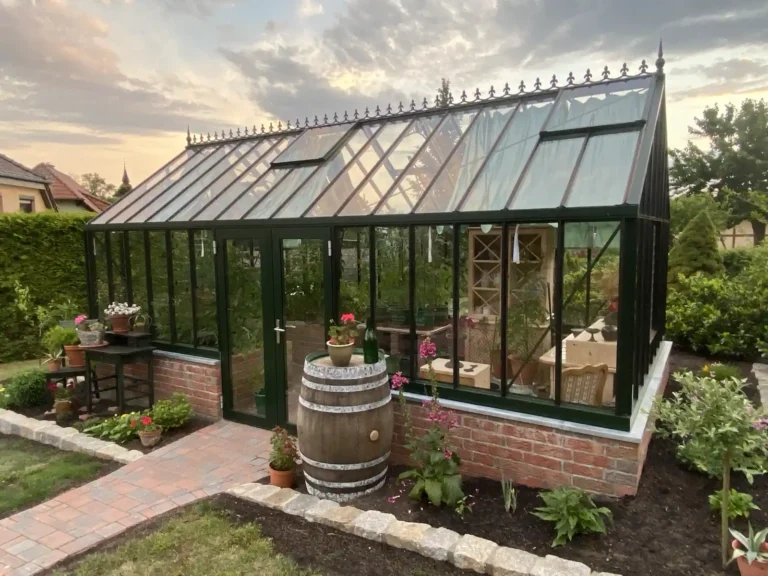 Gewächshaus aus Glas und Metall mit Pflanzkübeln, Fass im Garten. HOGATEK von Hof und Garten Wittstock.