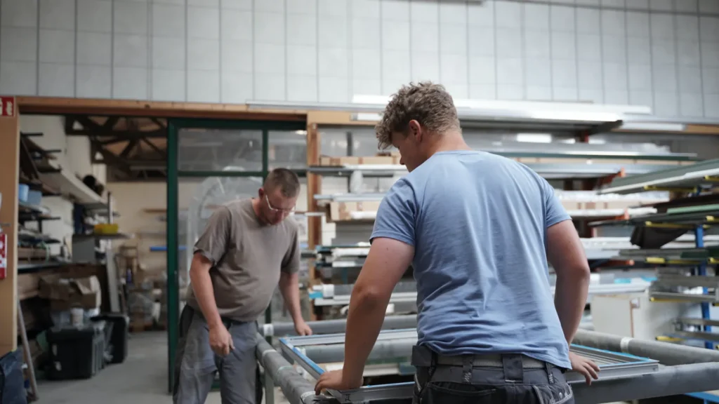 Zwei Männer arbeiten in einer Werkstatt mit Metallrahmen. HOGATEK von Hof und Garten Wittstock.