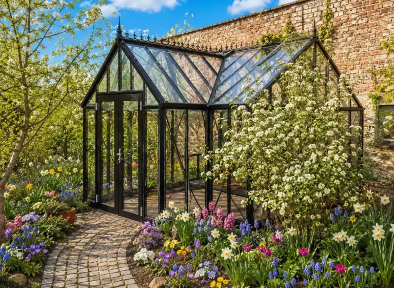Gewächshaus im blühenden Garten mit Blumen und Klinkerwand. HOGATEK von Hof und Garten Wittstock.